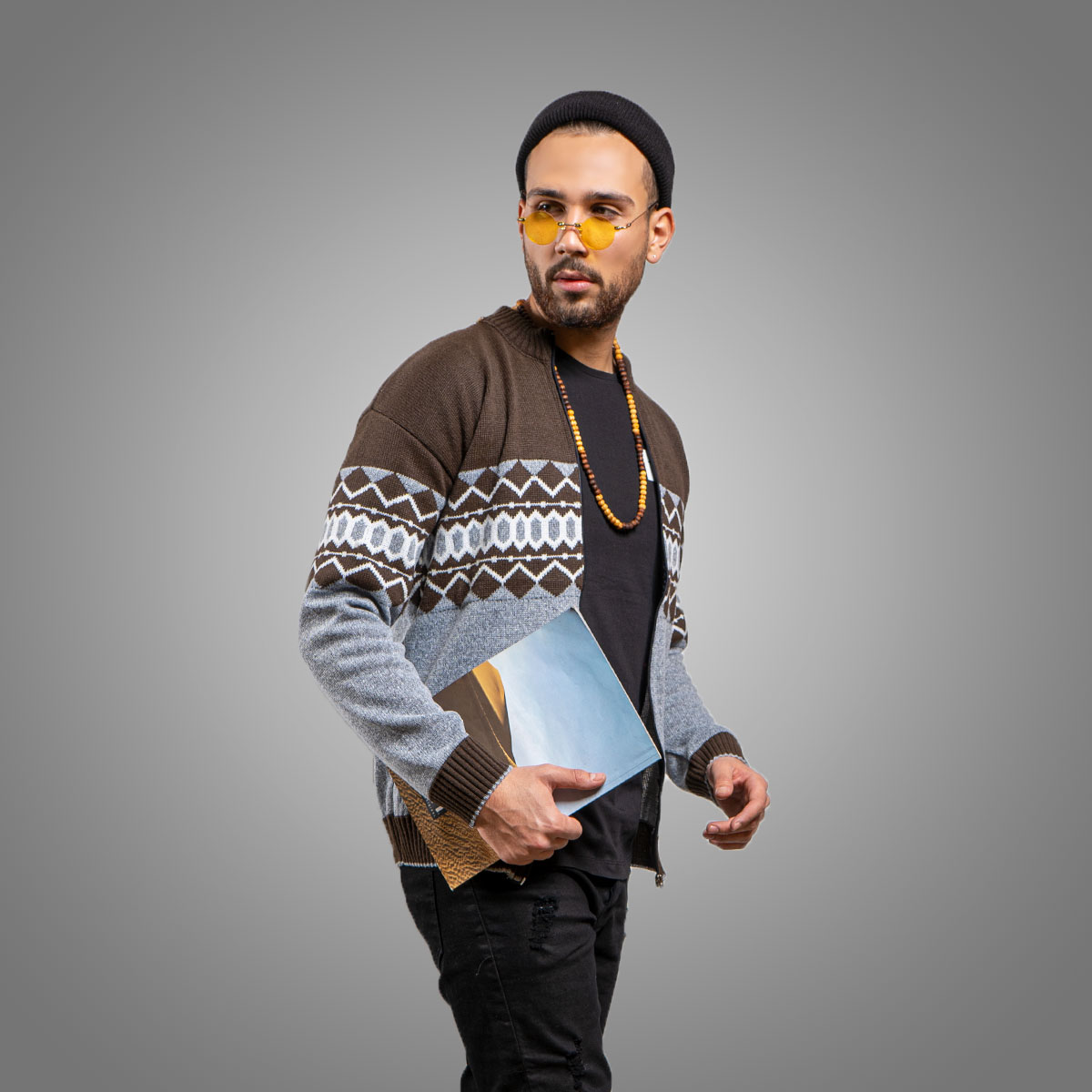 سوئیشرت بافت قهوه ای طوسی مردانه مدل Ezad