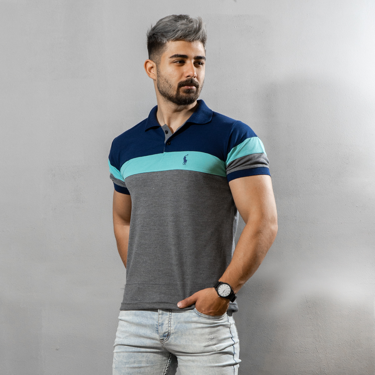 تيشرت مردانه رنگ طوسي سرمه اي مدل chian