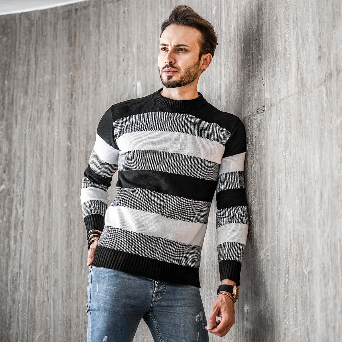 پلیور مردانه راه راه مشکی سفید مدل David