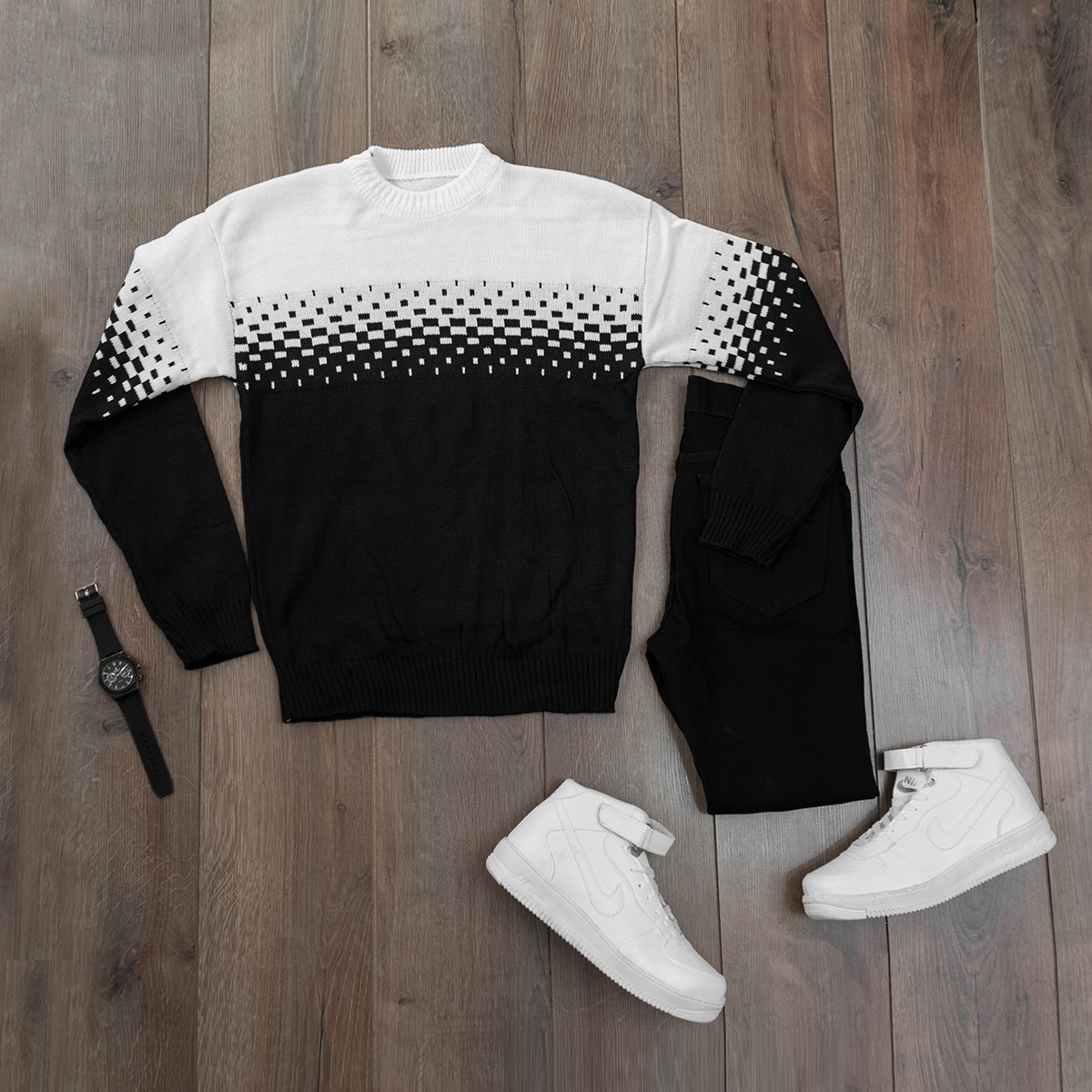 پلیور مردانه دو رنگ سفید مشکی مدلShatel