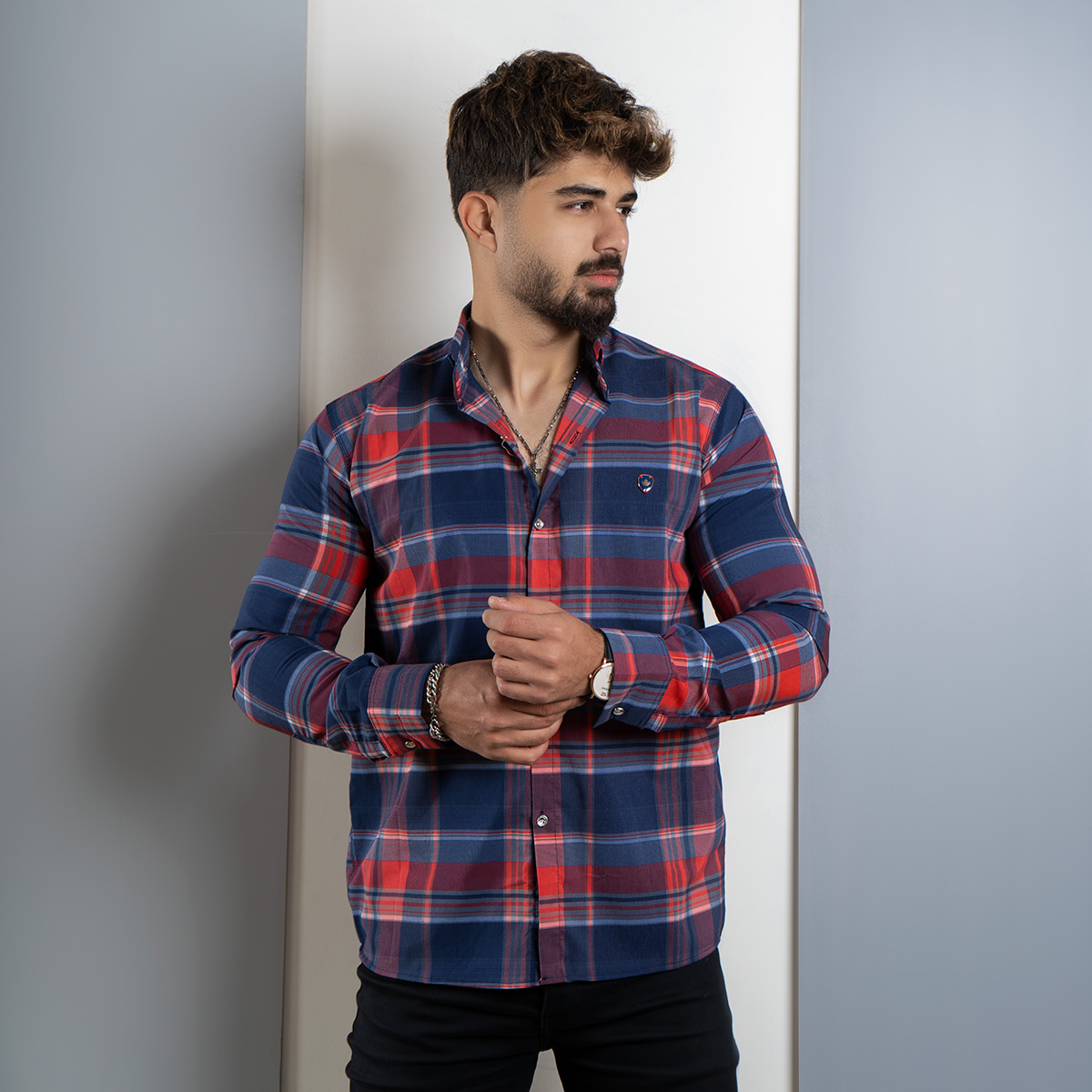 پیراهن مردانه آبی قرمز مدل himo