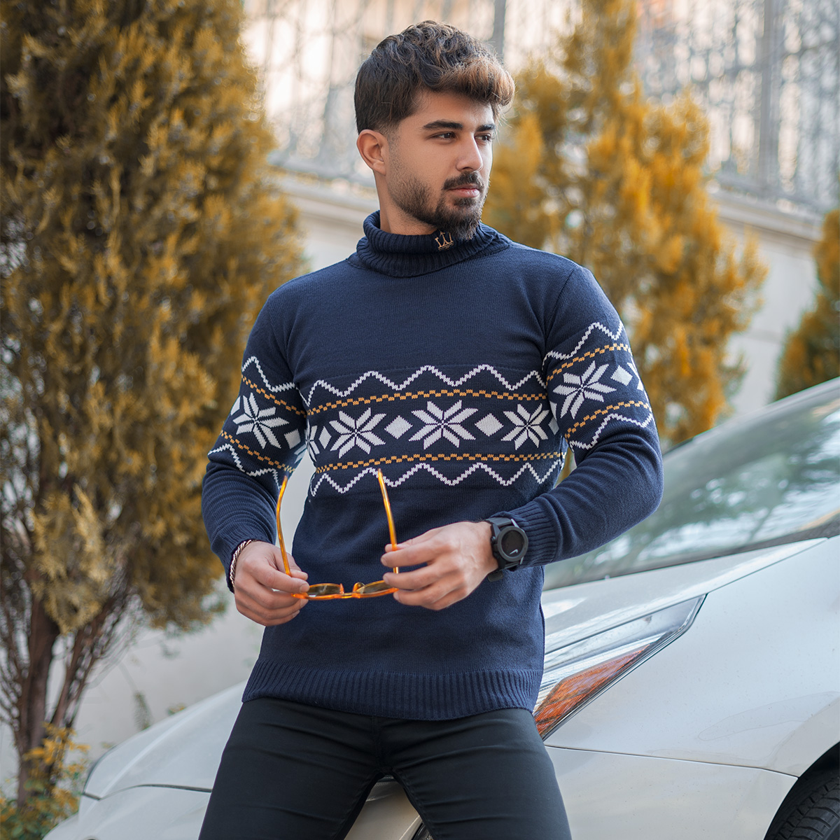 یقه اسکی سرمه ای حاشیه زرد مدل Arja