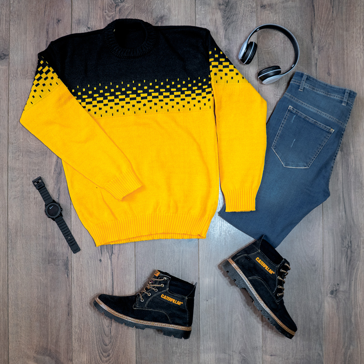 پلیور مشکی زرد مردانه مدلShatel