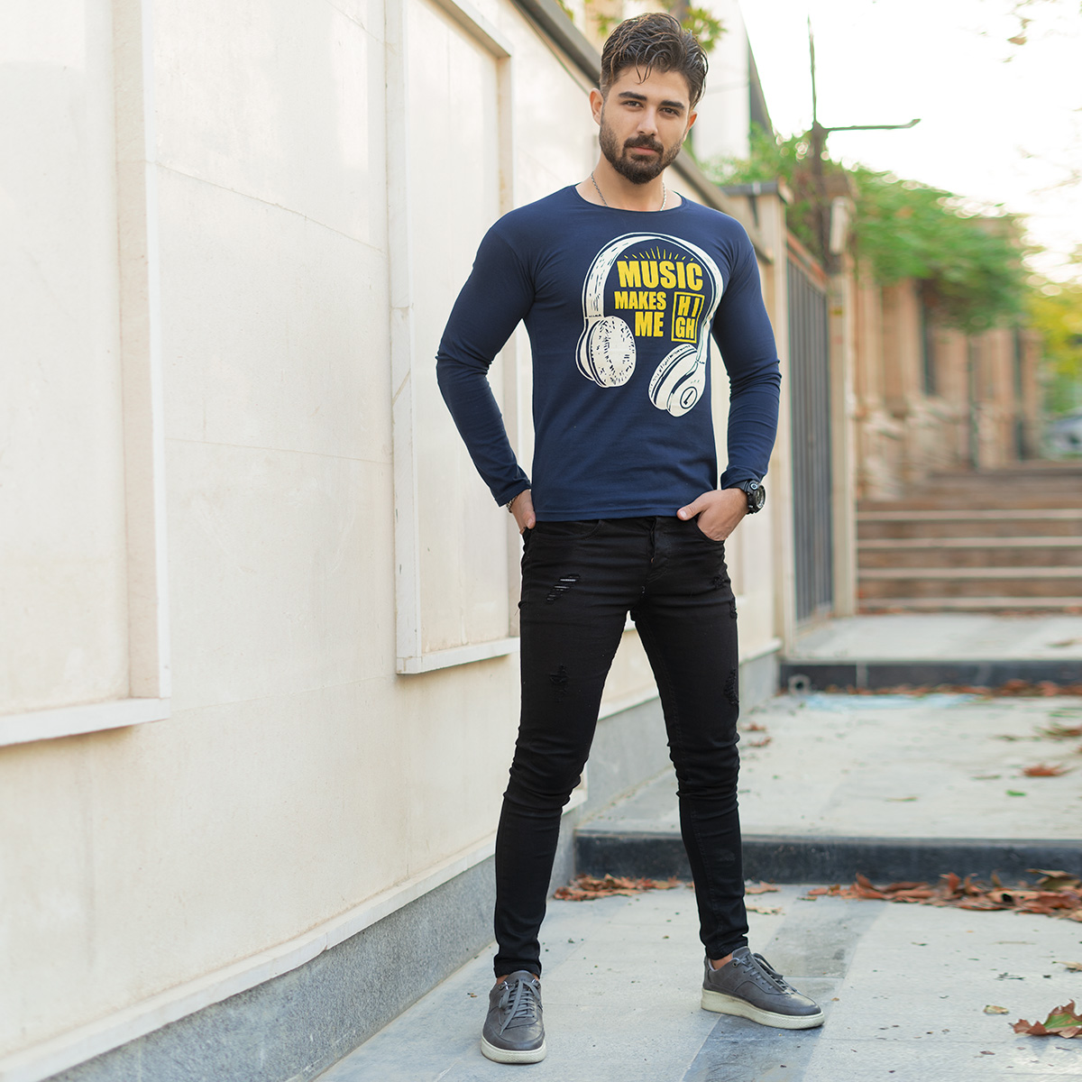 تیشرت آستین بلندمردانه طرح هدست سرمه ای مدل O22