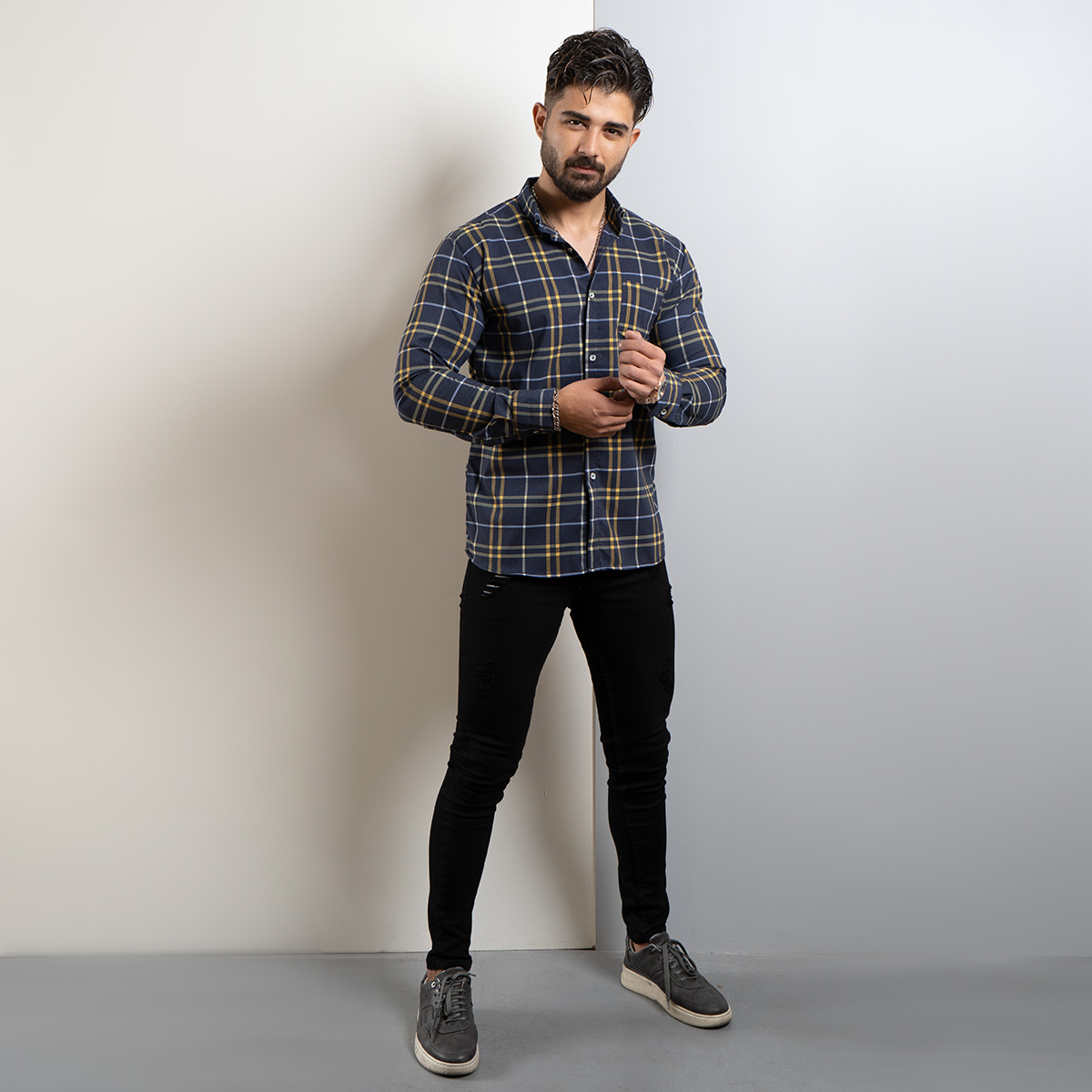 پیراهن راه راه مردانه سرمه ای زرد مدل arshia