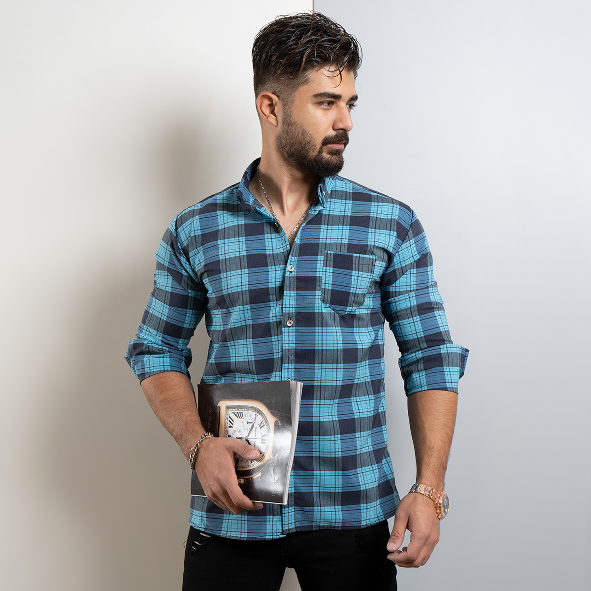 پیراهن چهارخونه مردانه سبز آبی مدل amir