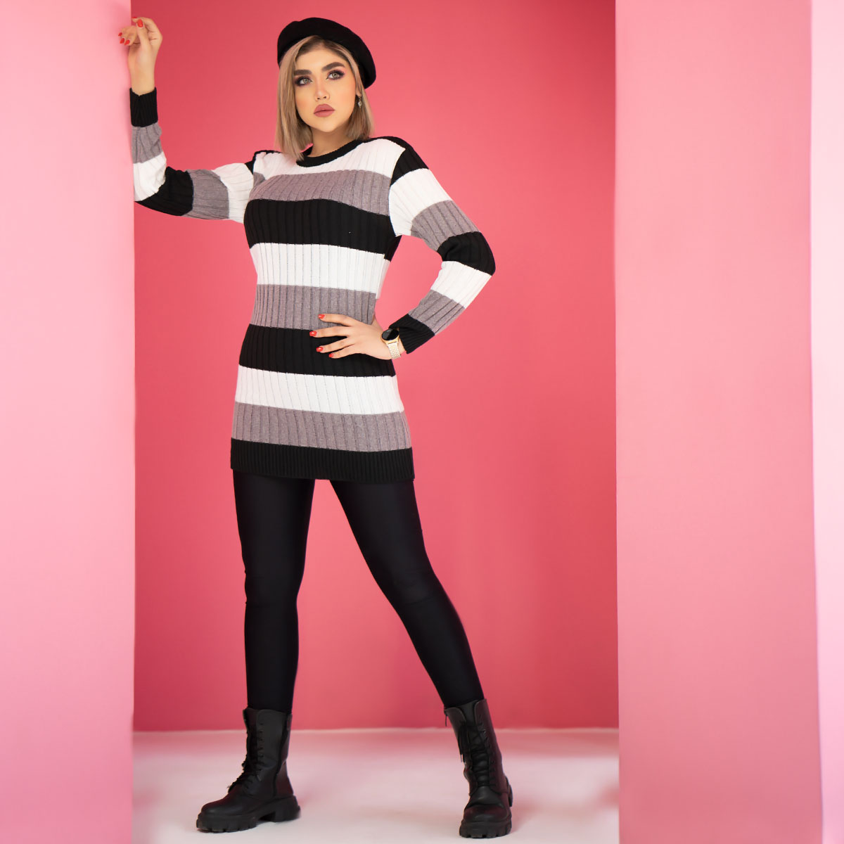 تونیک بافت زنانه راه راه سفید یاسی مدل kareno