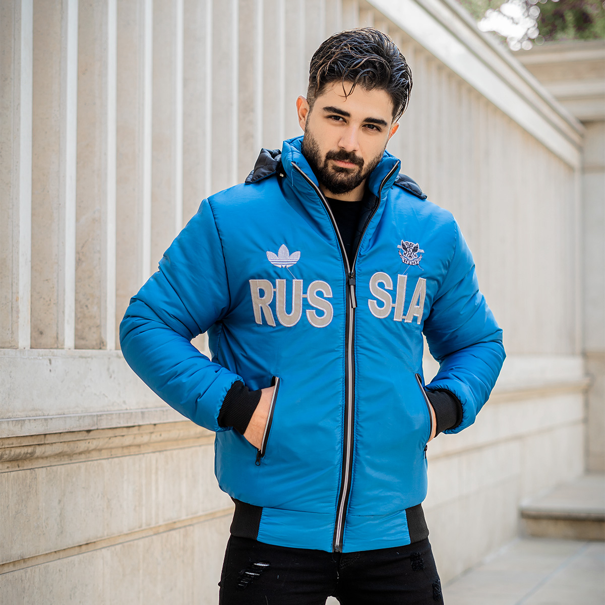 کاپشن مردانه آبی مدل Russia