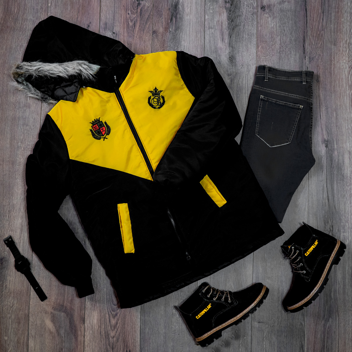 کاپشن مردانه مشکی زرد مدل Arin