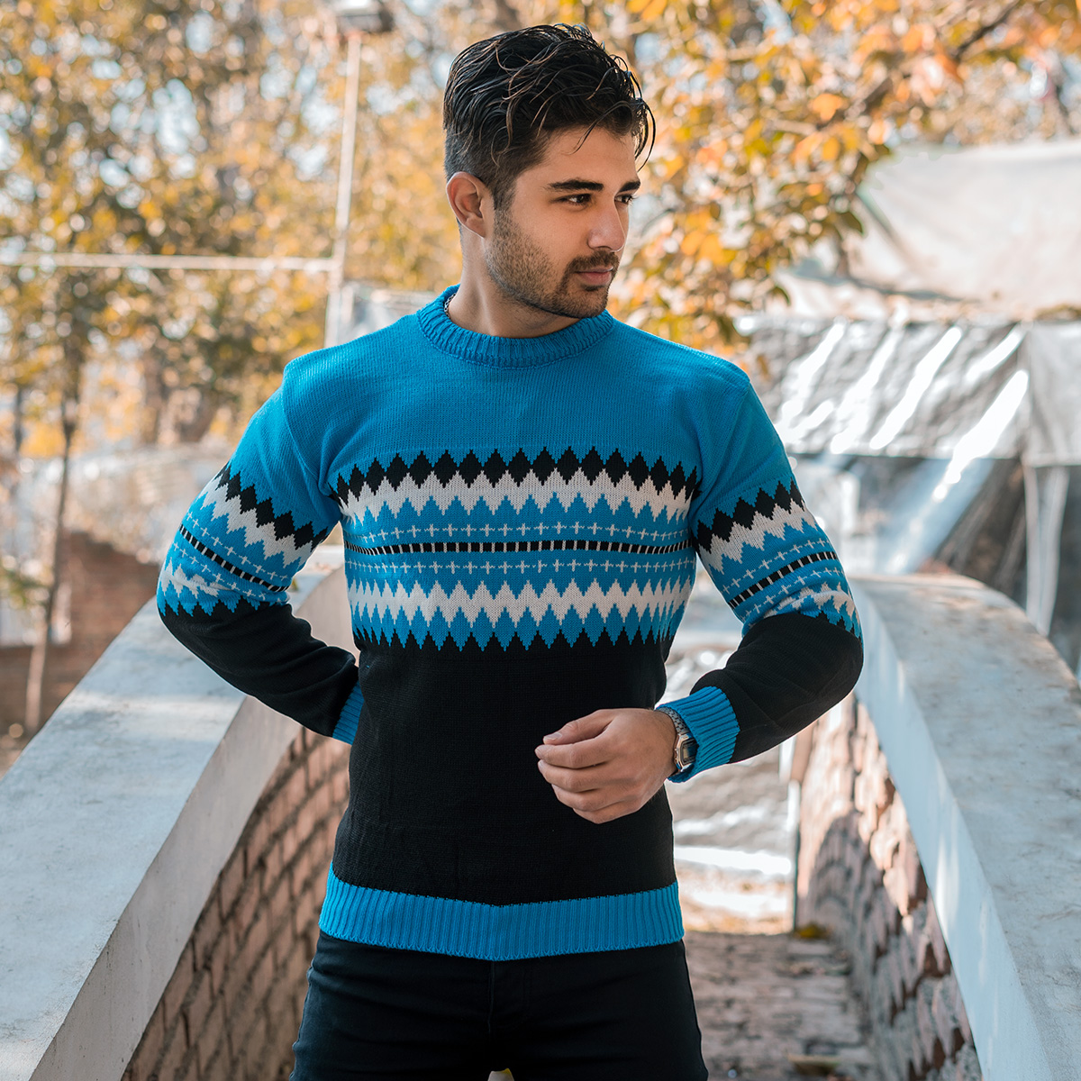 پلیور ژاکارد آبی مشکی مردانه مدلSami