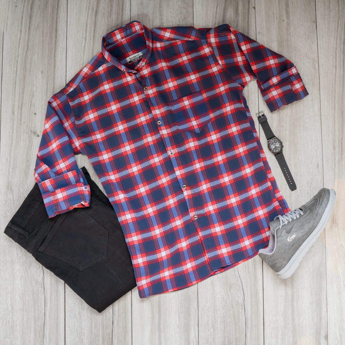 پیراهن مردانه چهارخونه سرمه ای قرمز مدل Tivon