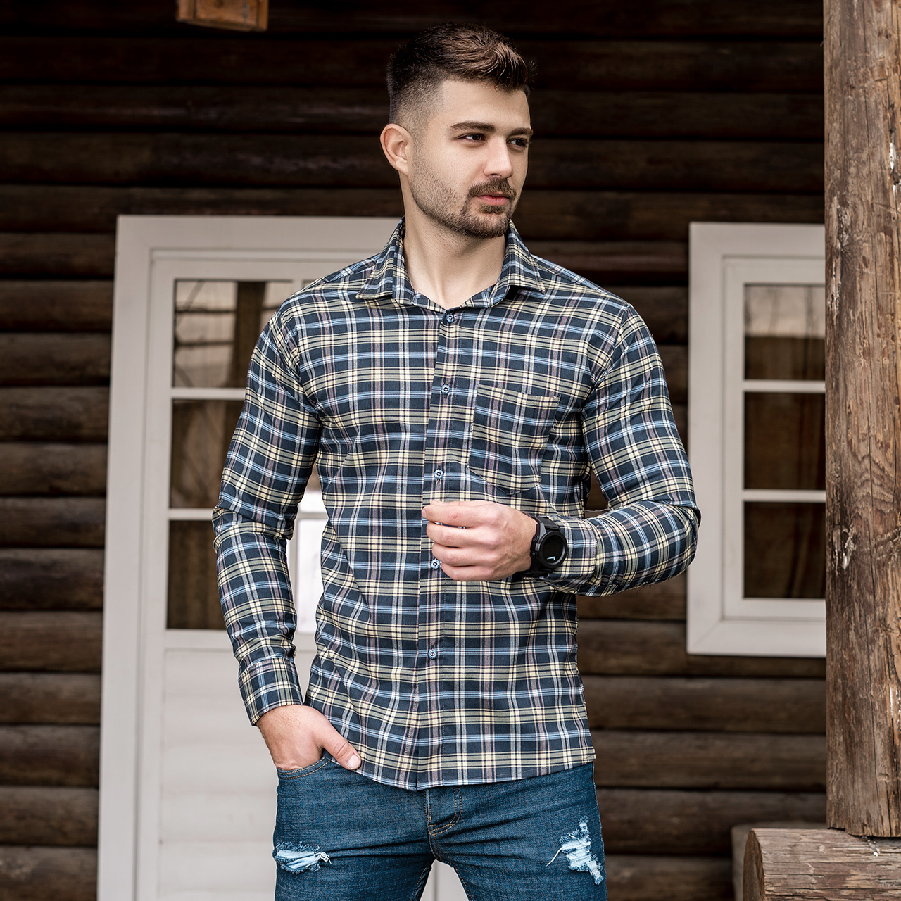 پیراهن چهارخانه کرم سرمه ای مردانه مدلDivan