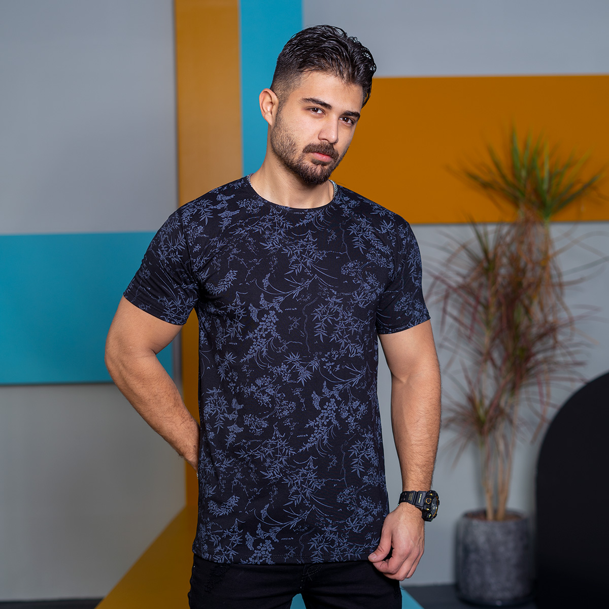 تیشرت مردانه طرح برگ سرمه ای مدل Jeasen