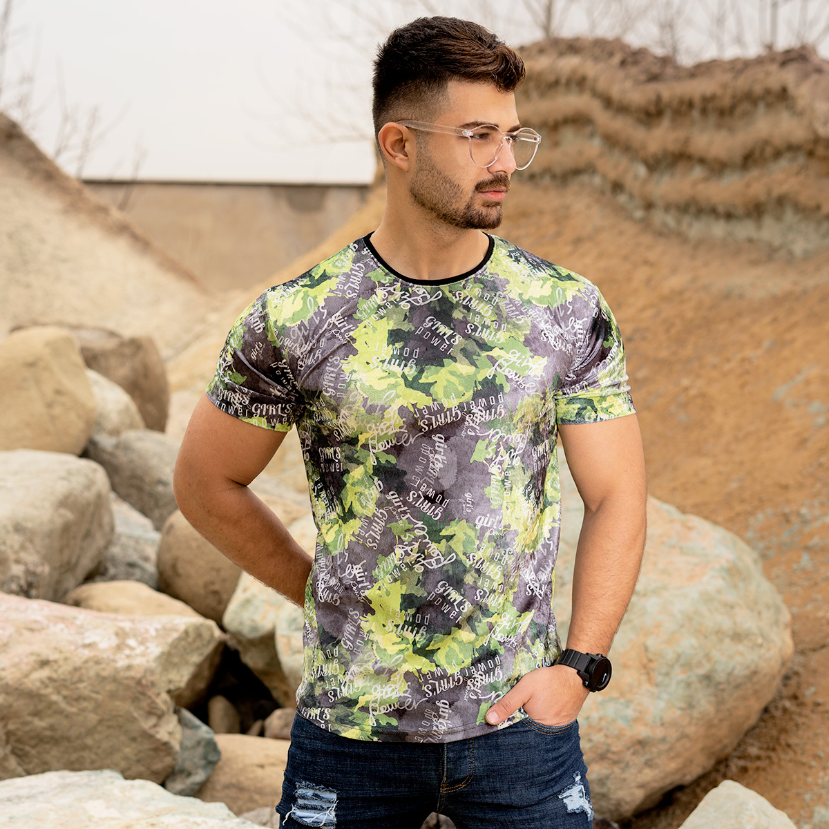 تیشرت مخمل سبز مردانه مدل Power