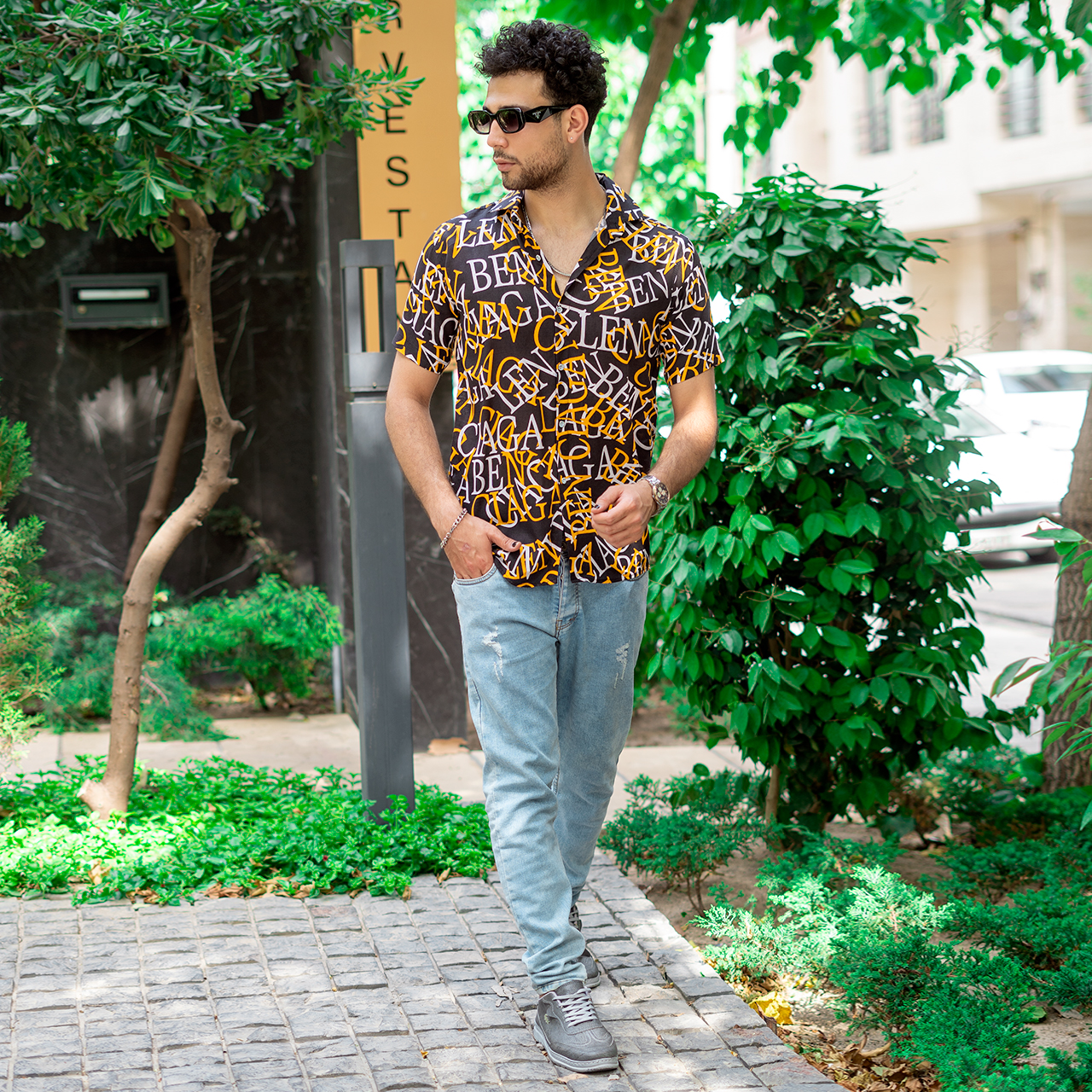 پیراهن هاوایی مردانه مشکی زرد مدل ABC