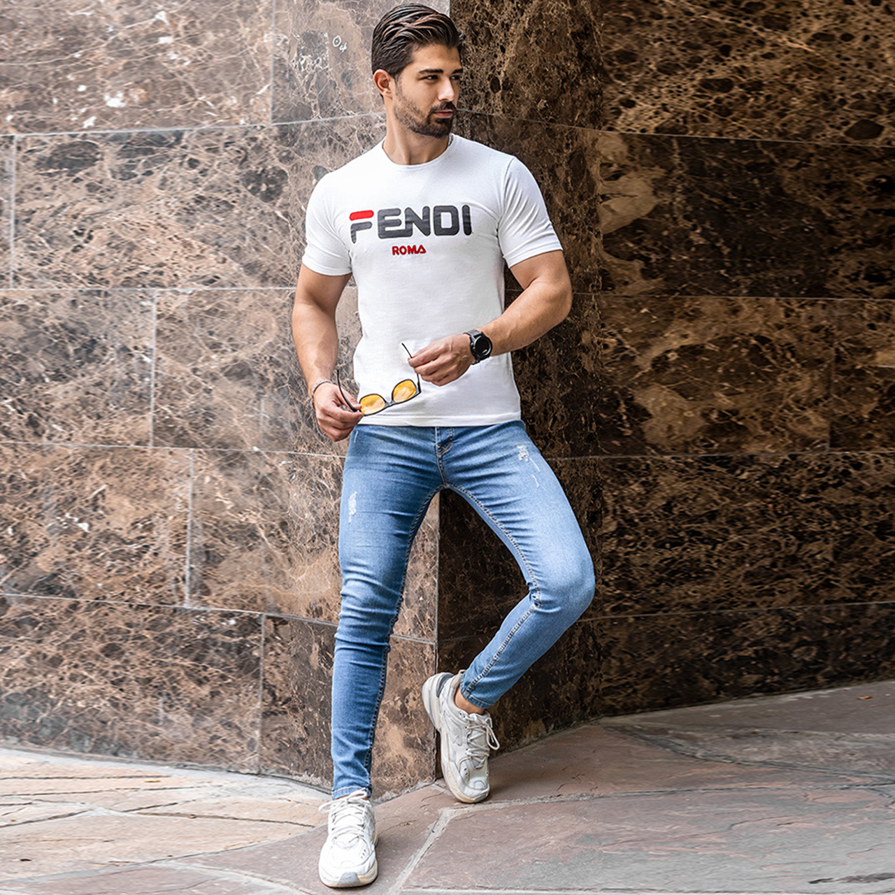 تیشرت فندی سفید مردانه مدل Roma