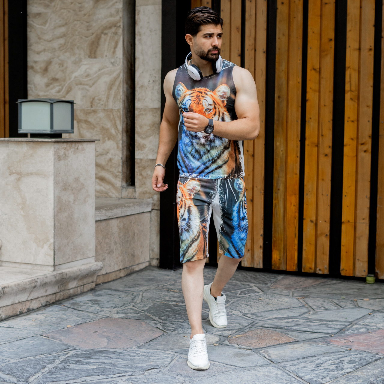 ست رکابی شلوارک طرح ببرنارنجی مردانه مدل A31