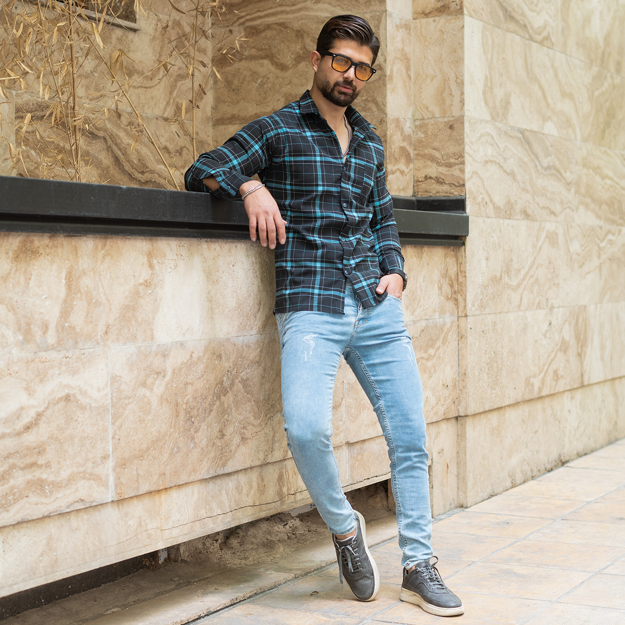 پیراهن مکعبی (T)مشکی آبی مردانه مدل faron