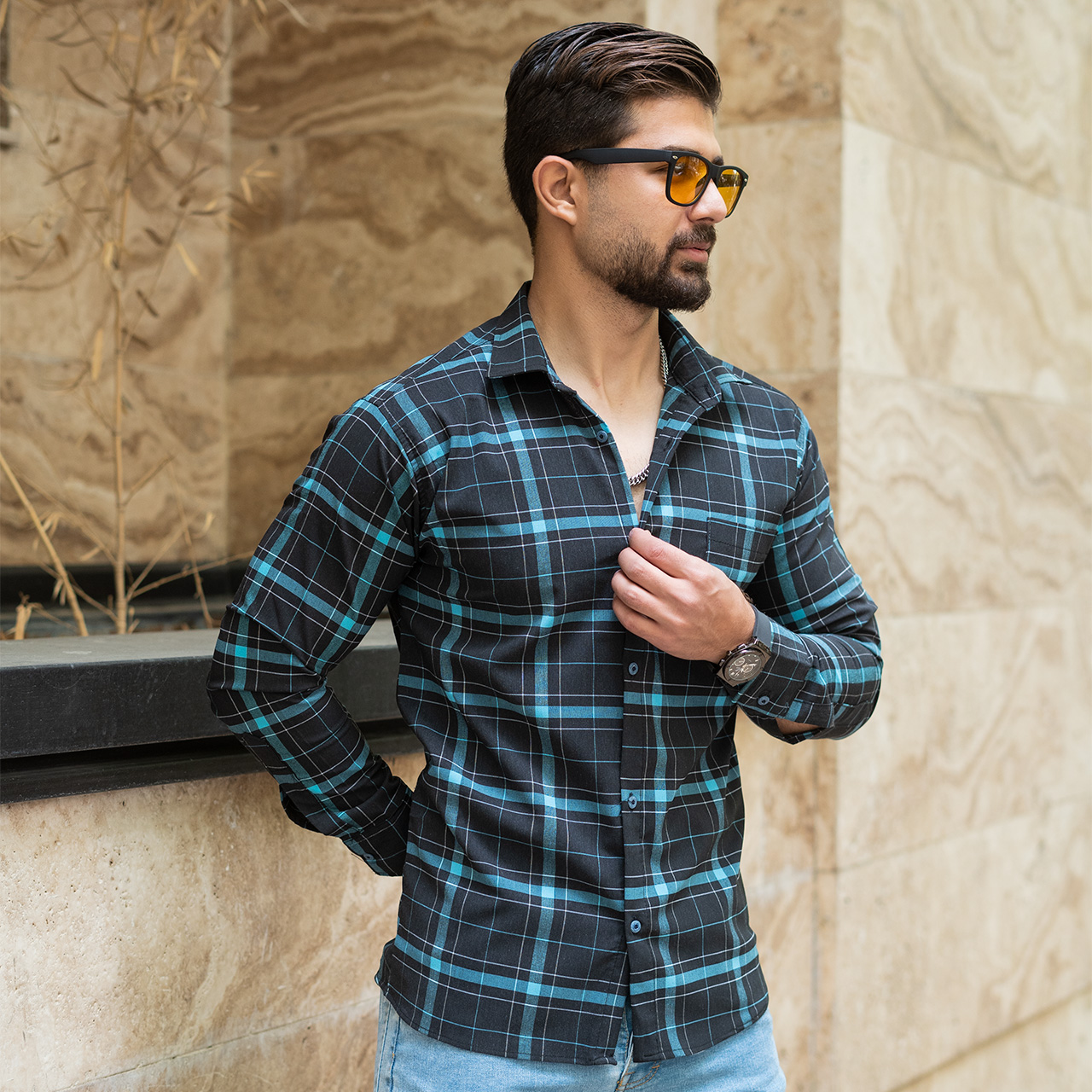 پیراهن مکعبی (T)مشکی آبی مردانه مدل faron