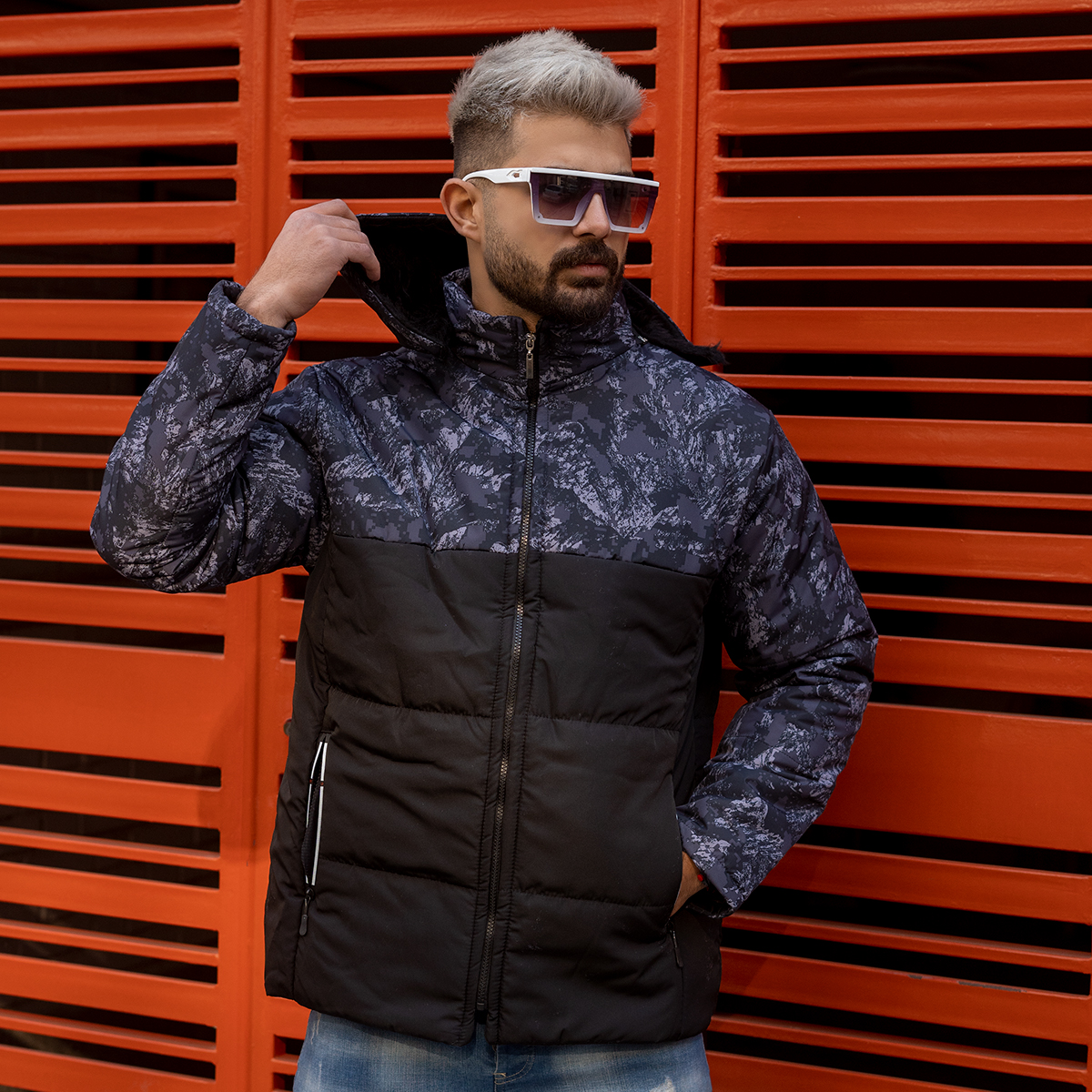 کاپشن دورنگ طوسی-مشکی مردانه مدلRovin