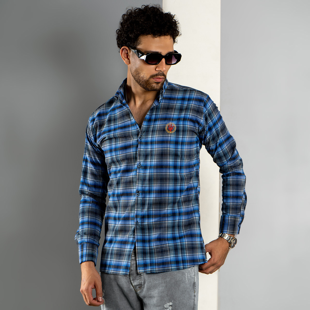 پیراهن مردانه چهارخونه آبی مدلA88