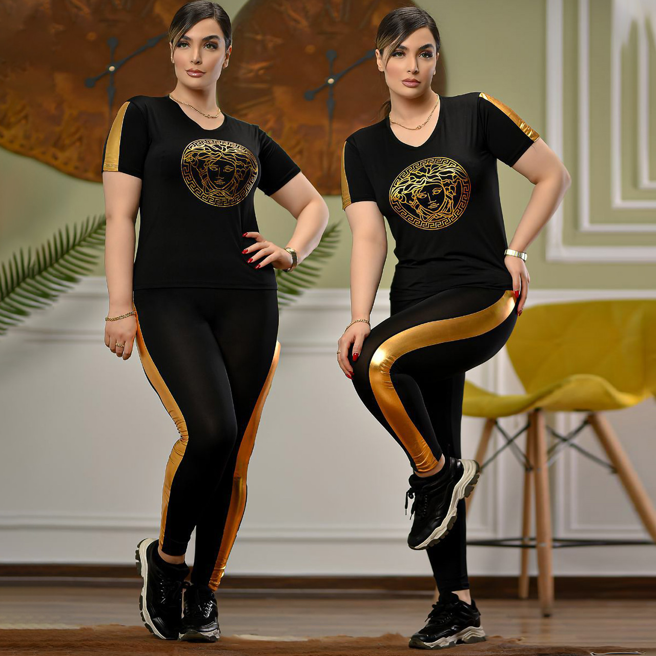 ست تیشرت و شلوار طرح ورساچه طلایی مدل Lili