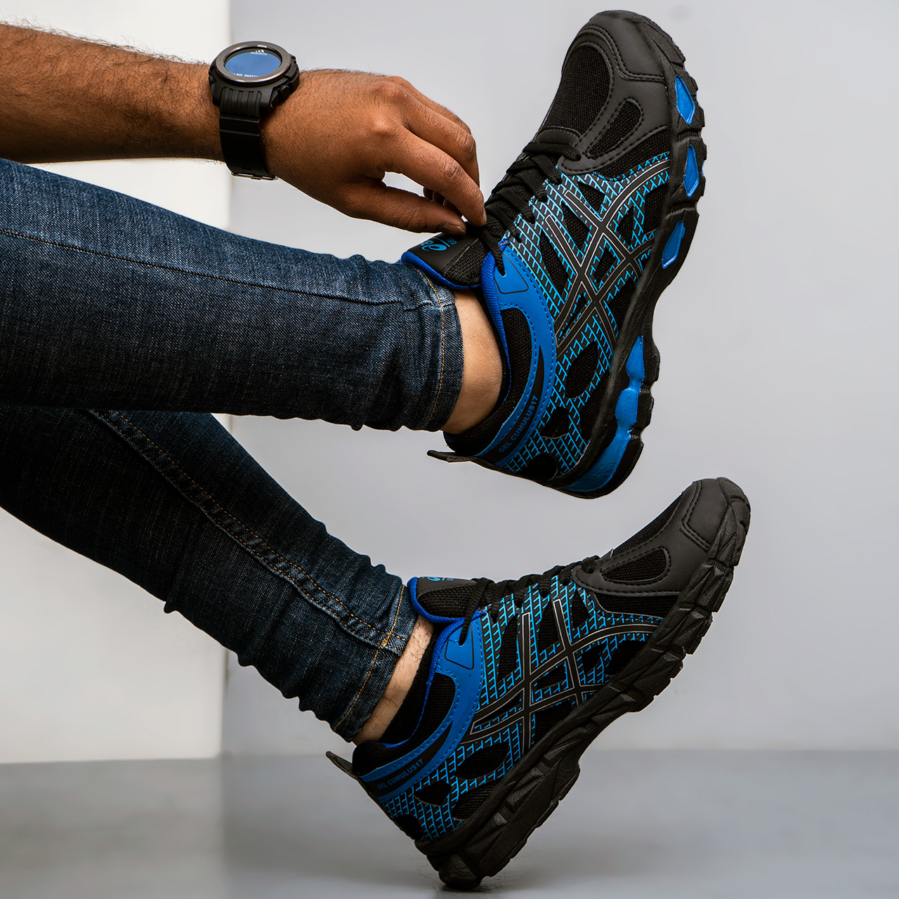 کفش ورزشی اسیکس مشکی آبی مردانه مدل GEL17