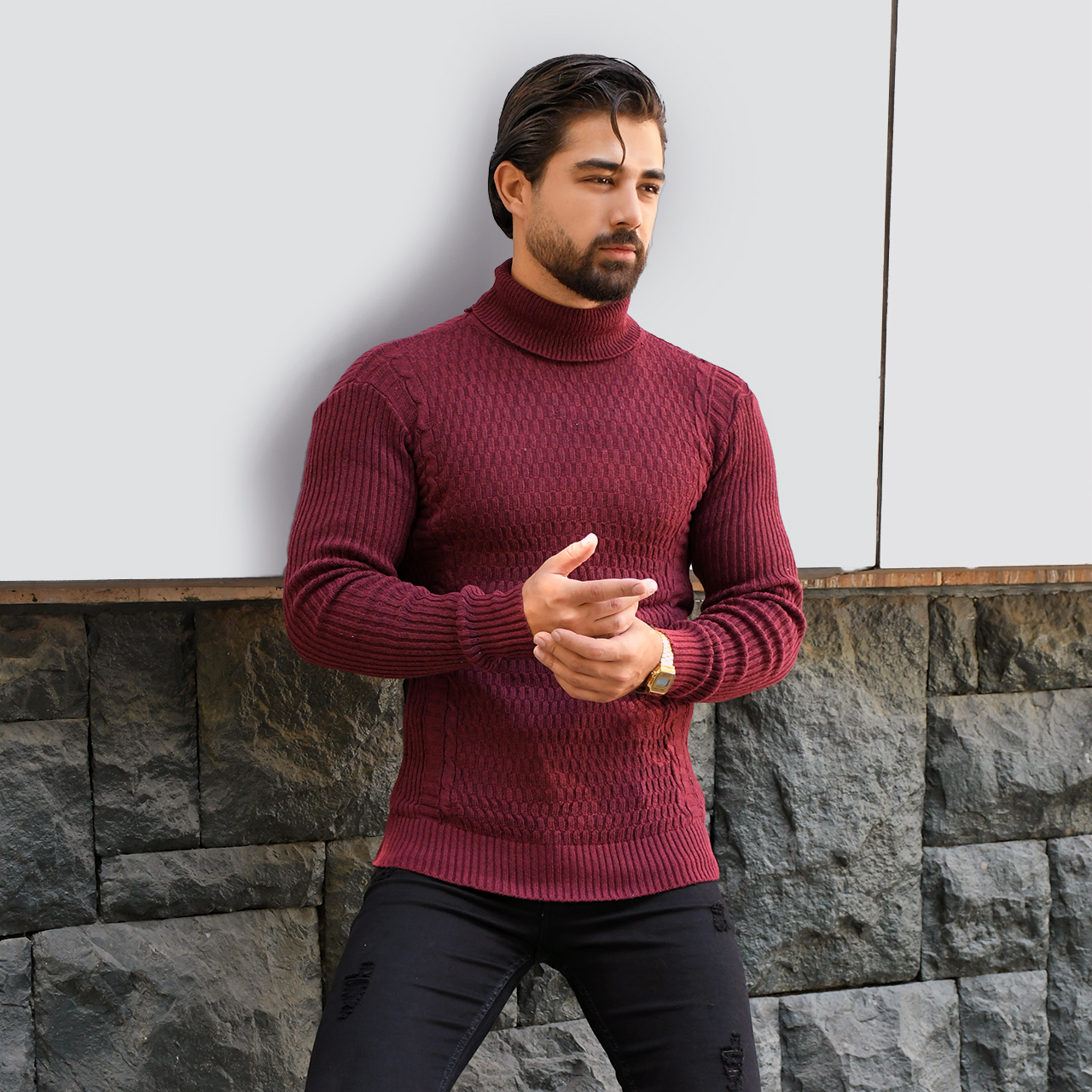 پلیور یقه اسکی زرشکی طرح راه راه مردانه مدلT10