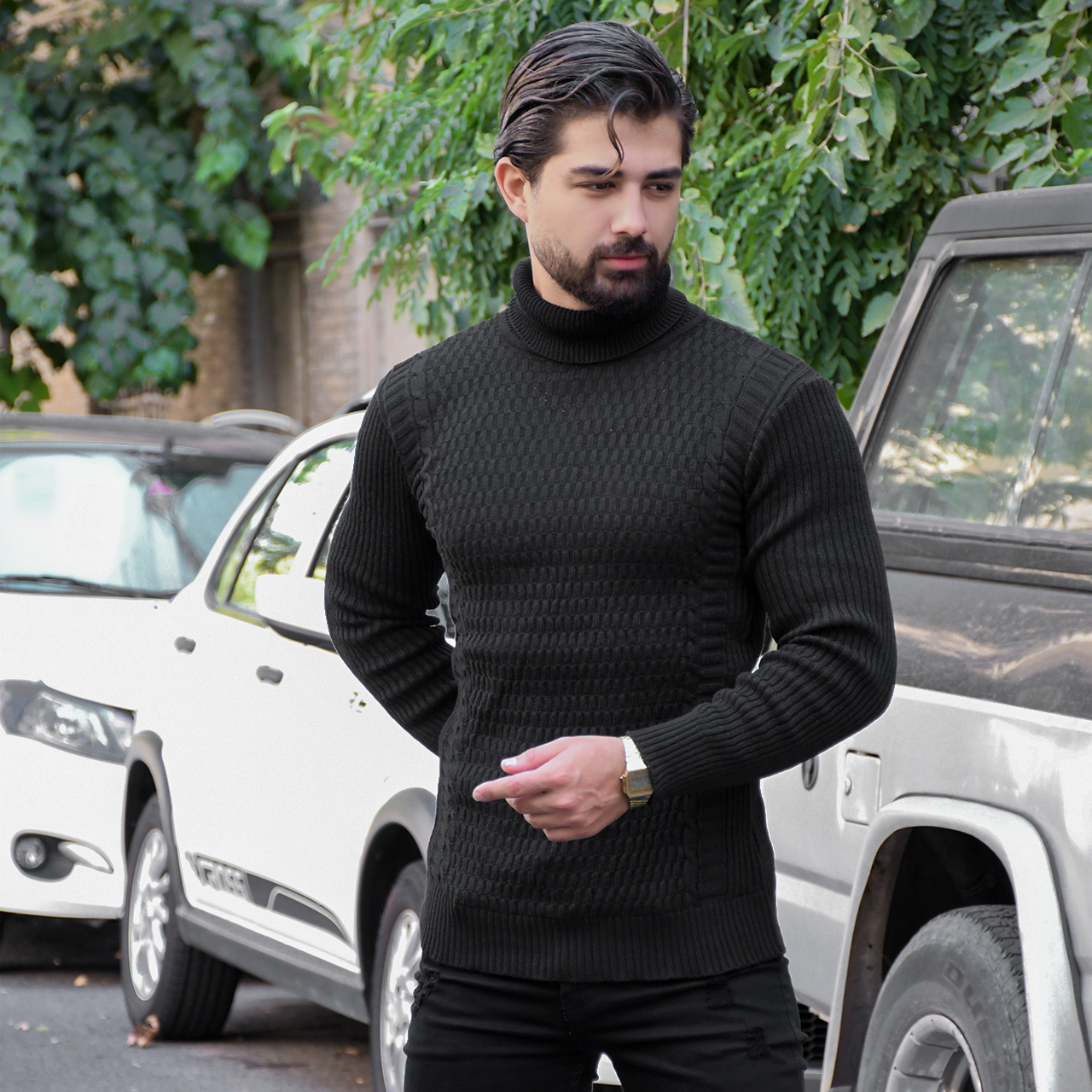 پلیور یقه اسکی مشکی طرح راه راه مردانه مدلT10