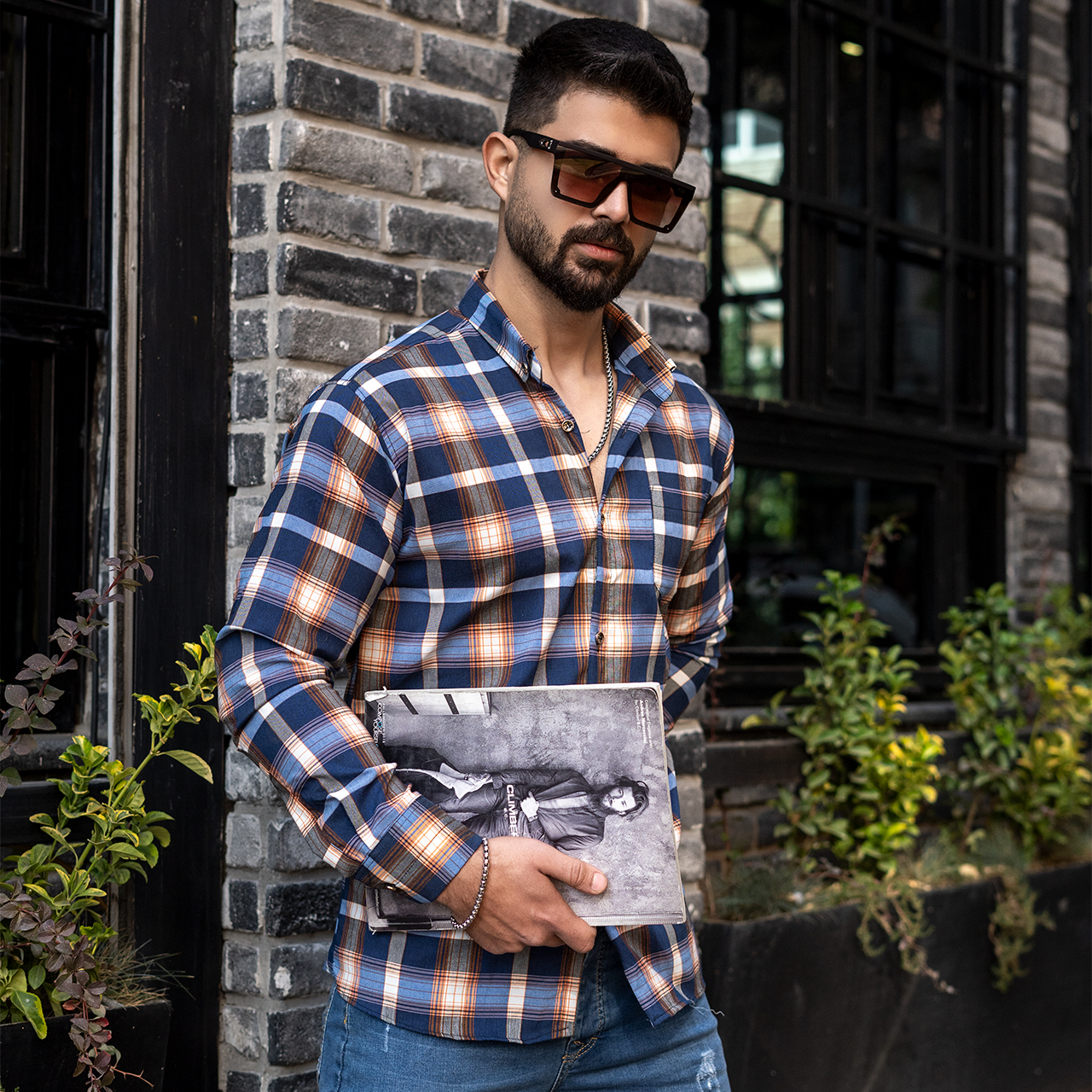 پیراهن مردانه سرمه ای نارنجی مدل Redi