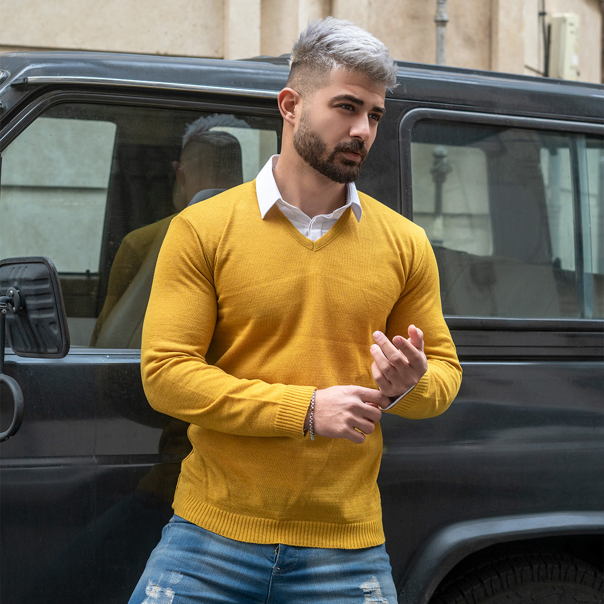 پلیوربافت یقه هفت خردلی مردانه مدل sorosh