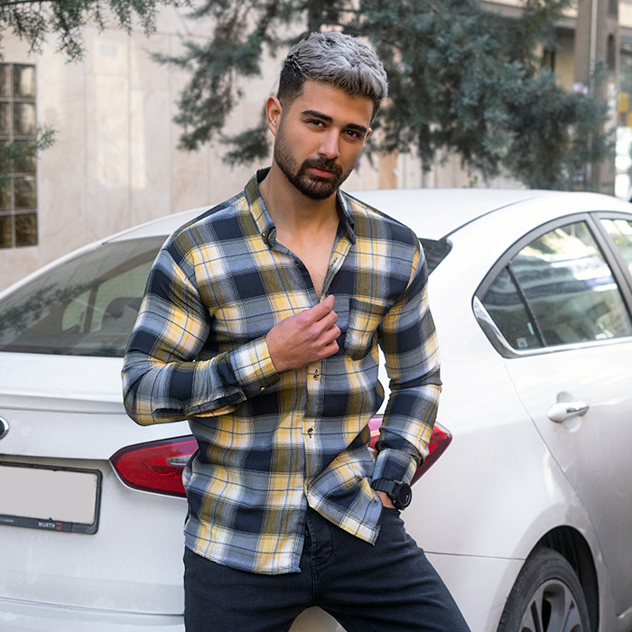 پیراهن مردانه چهارخونه زرد سرمه ای مدل Robert