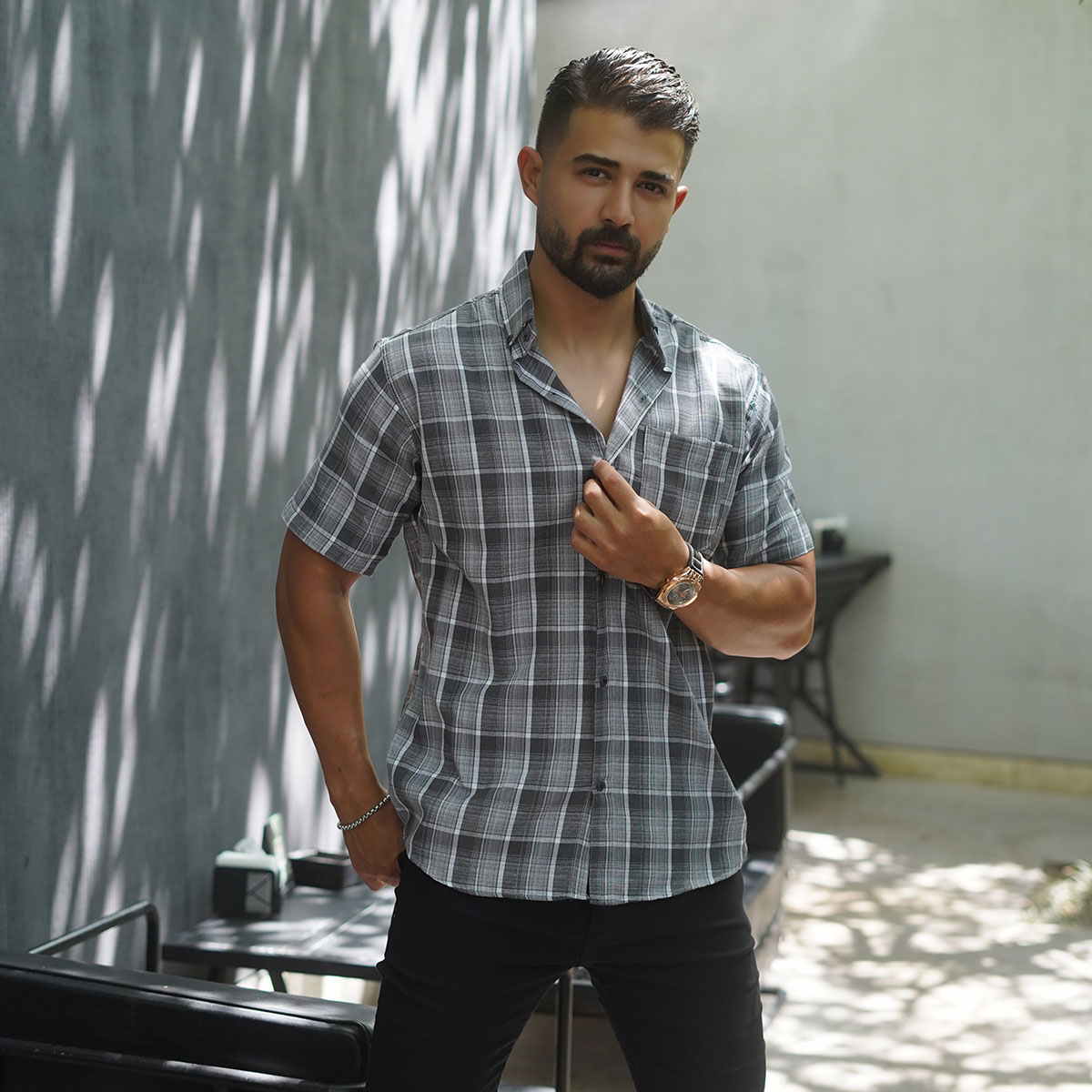 پیراهن آستین کوتاه مردانه ذغالی مدل Samyar