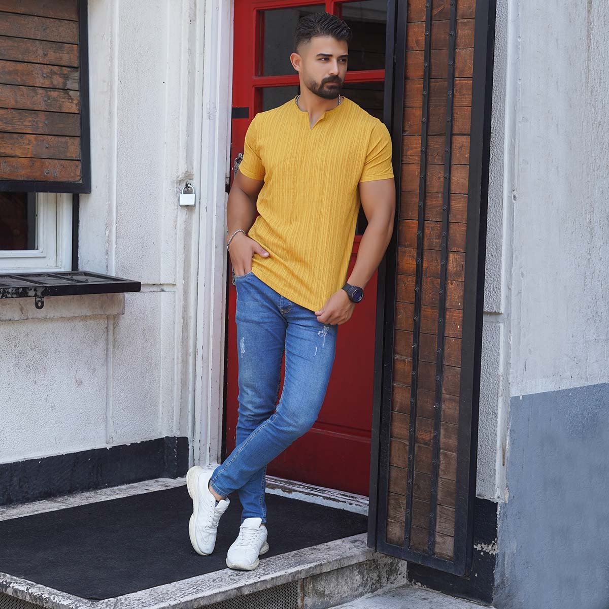 تیشرت آستین کوتاه خردلی مردانه مدل Bardia