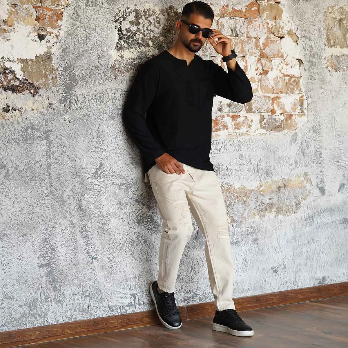 تیشرت آستین بلند یقه کوبایی مشکی مدل Asam