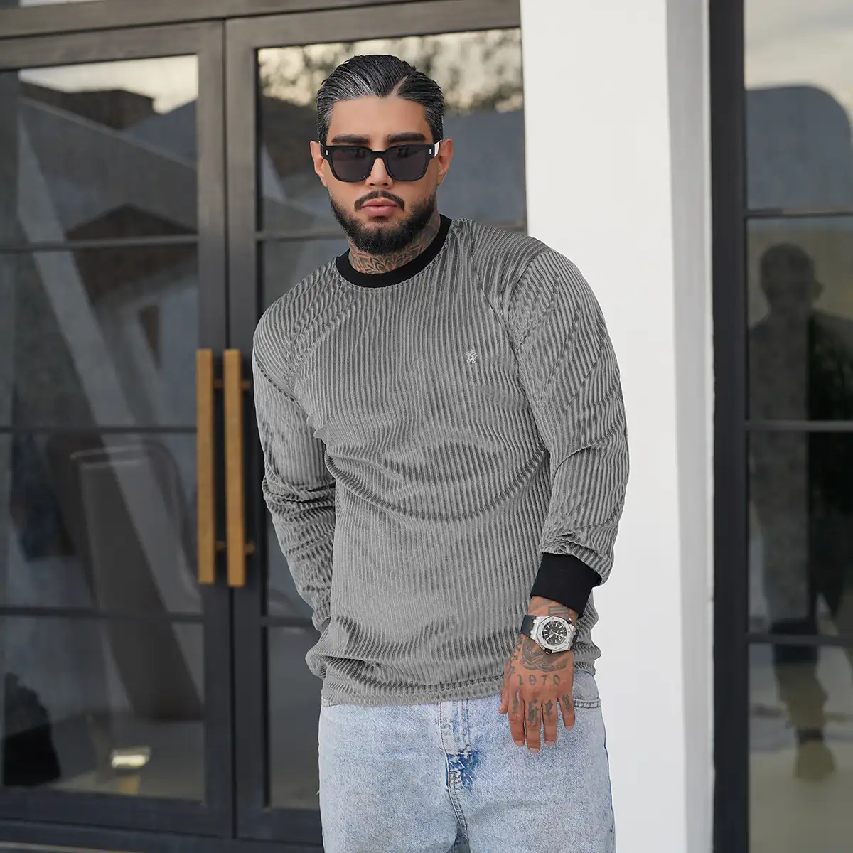 تیشرت آستین بلند طوسی مردانه مدل Behrouz