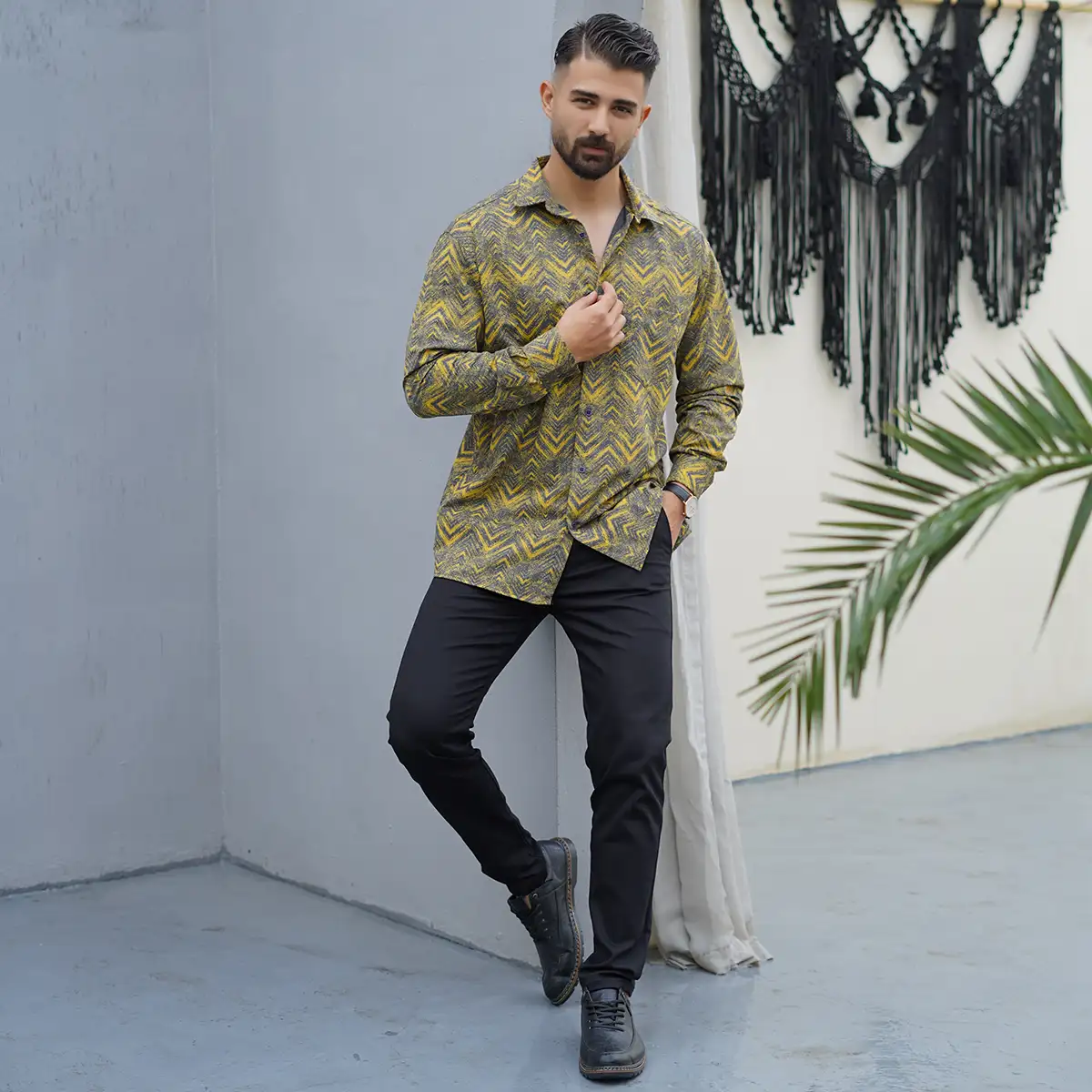 پیراهن مردانه خردلی مدل awino