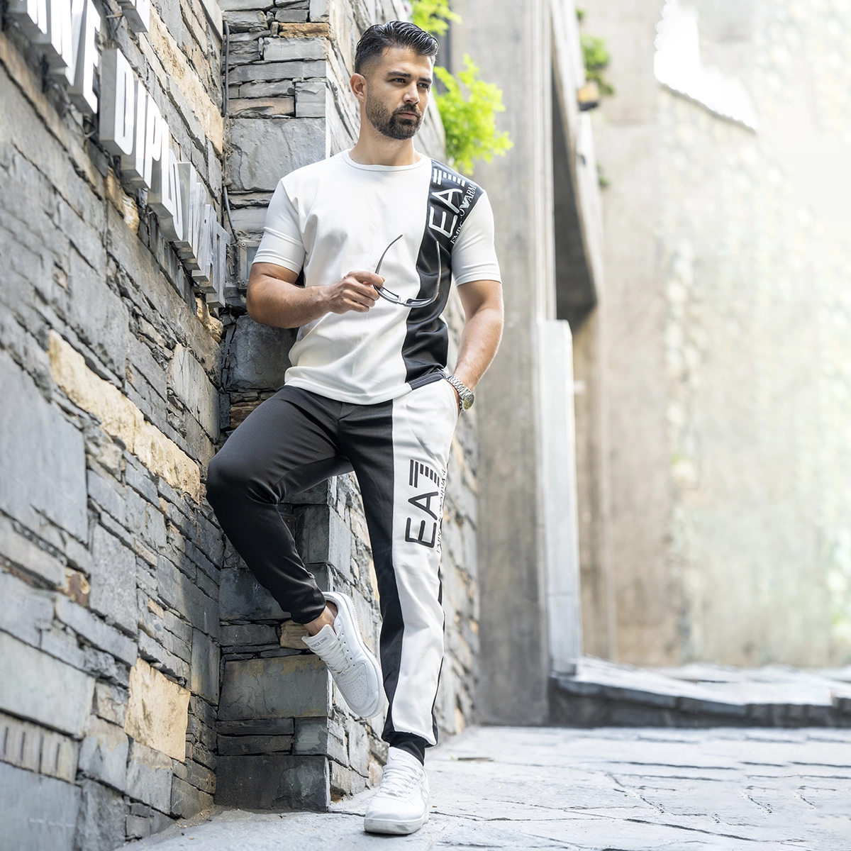 ست سه تیکه مردانه EA7 سفید مشکی مدلWE82