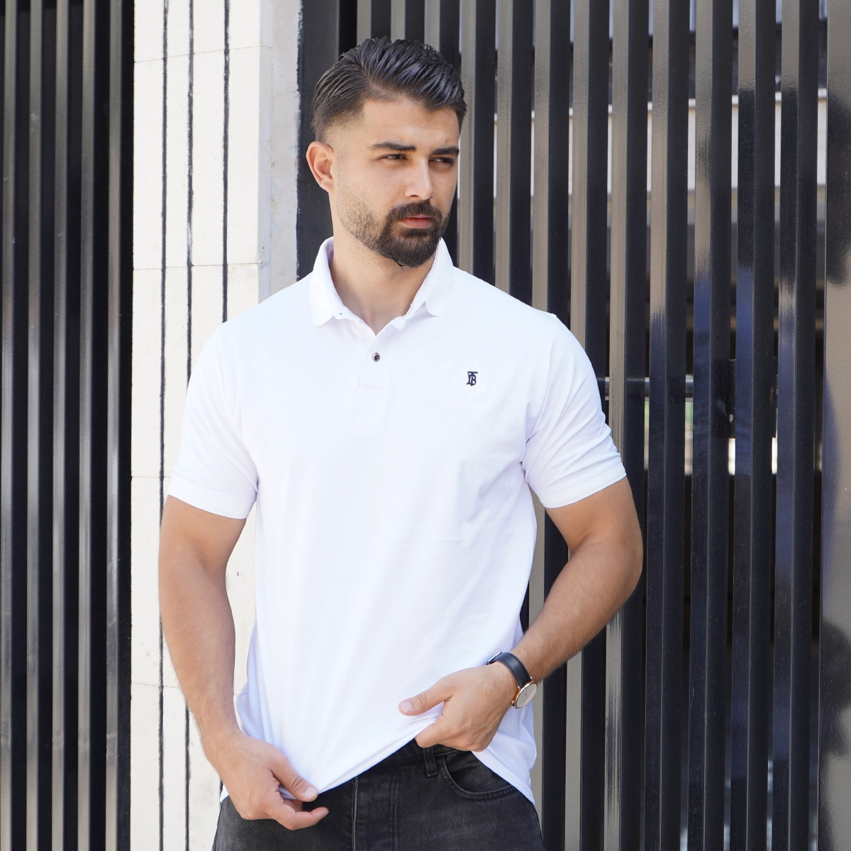 تیشرت یقه دار سفید مردانه مدل Taha