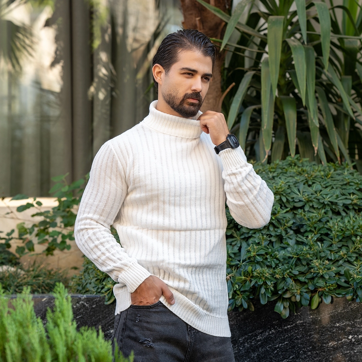 پلیور مردانه سفید طرح خطی مدل Arban