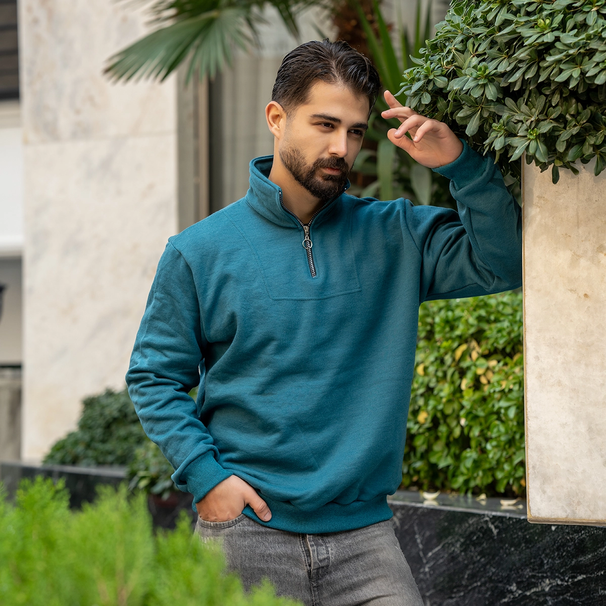 هودی نیم زیپ مردانه سبز مدل Shobin