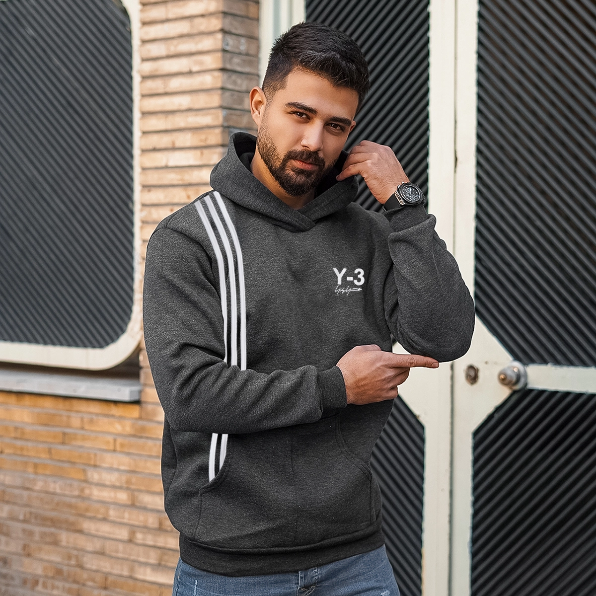 هودی مردانه ذغالی Y-3 مدل kamran