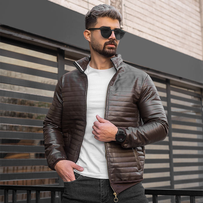 کاپشن چرم مردانه قهوه ای مدل TIMER