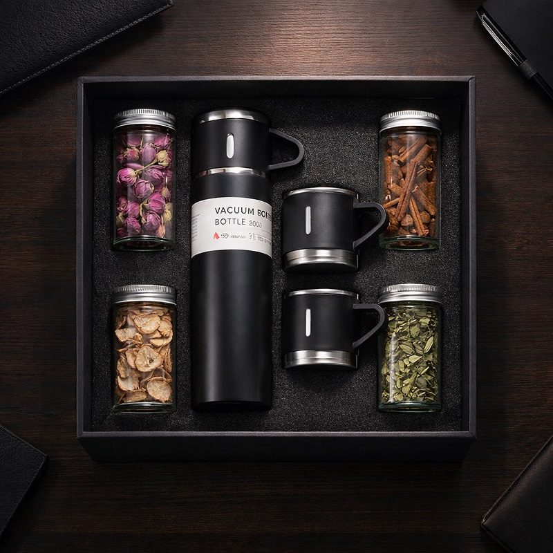 پکیج هدیه سازمانی (فلاسک سه کاپ  4دمنوشجعبه لاکچری)