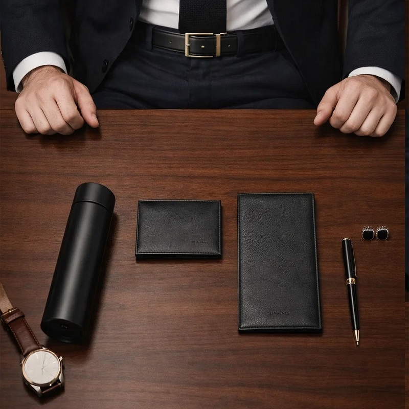 پکیج هدیه سازمانی (فلاسک دماسنج دار  ست کیف و کمربند جعبه لاکچری)