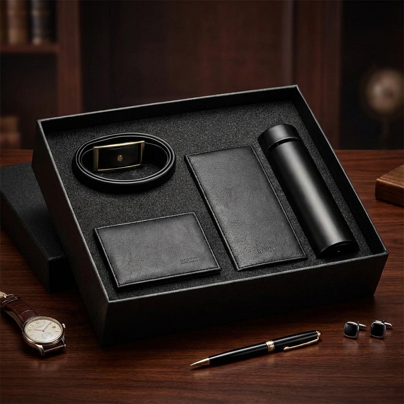 پکیج هدیه سازمانی (فلاسک دماسنج دار  ست کیف و کمربند جعبه لاکچری)