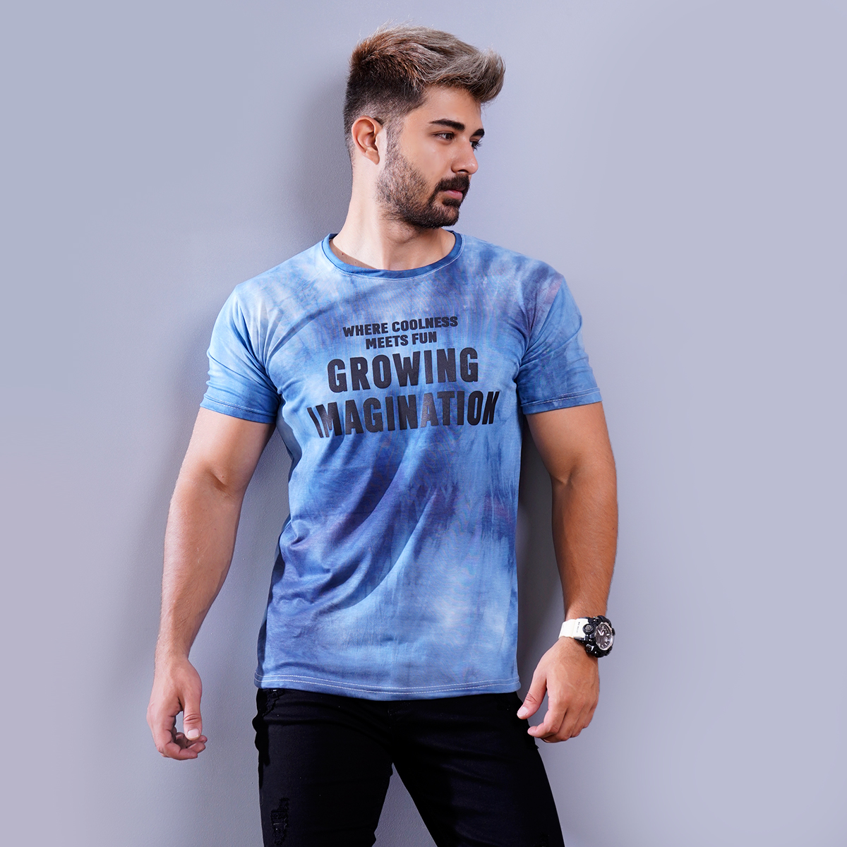 تیشرت مردانه ابر و بادی آبی مدل windy