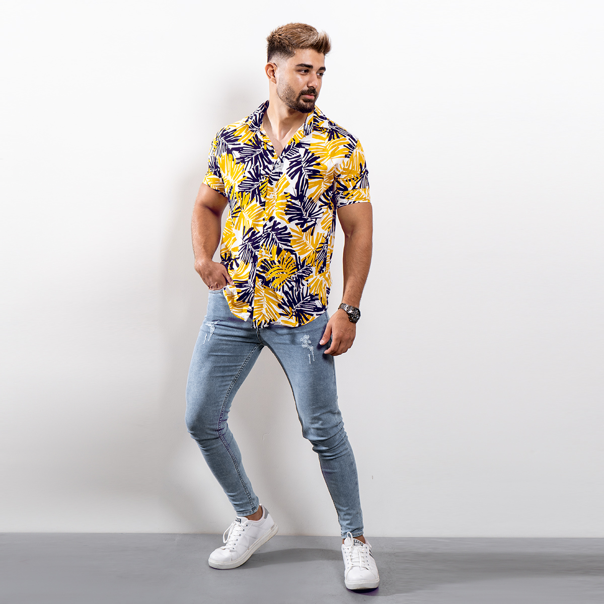 پیراهن هاوایی زرد مردانه مدل Hogo