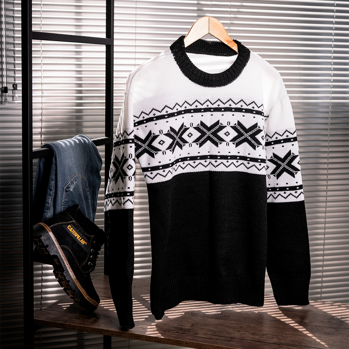 پلیور بافت مردانه سفید مشکی مدل Borna